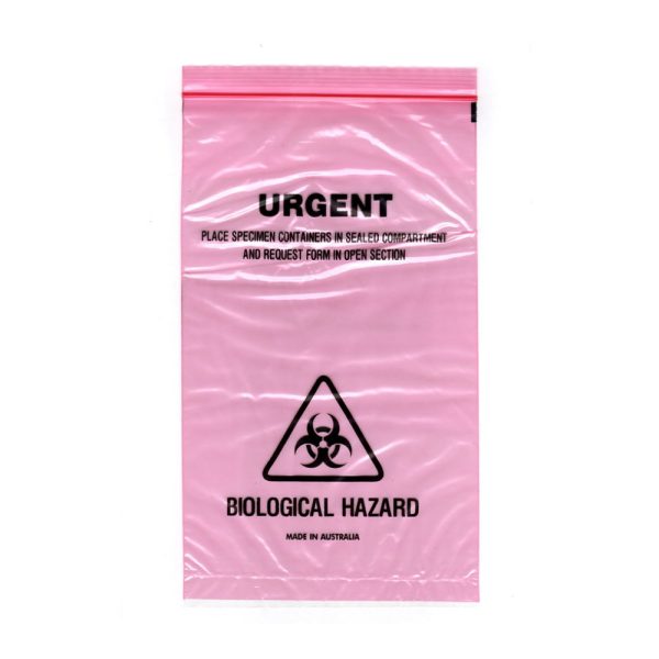 100x Red Tint URGENT Specimen Bag 160x255mm 45um